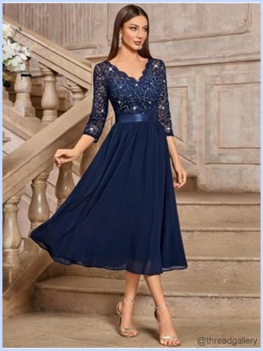 V-Neck Sequin Lace 3/4 Sleeve Chiffon A-Line Bridesmaid Party Dress - Picture 3 of 6